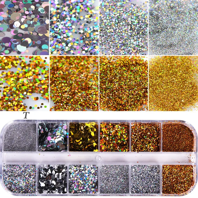Nail polish glitter set with shell powder, laser sequins, chameleon powder, and star effect powder for nail art manicure