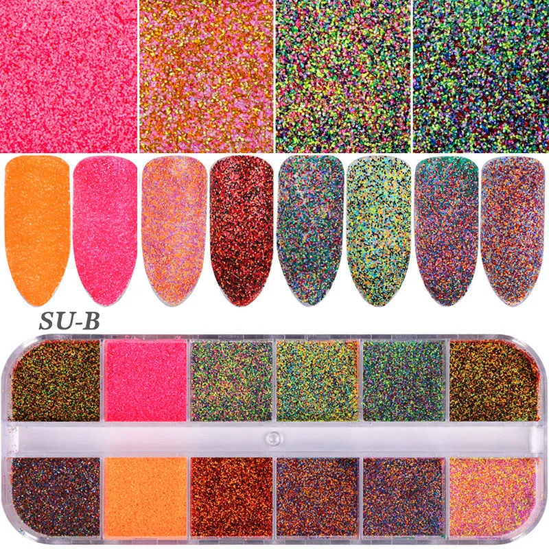 Nail polish glitter set with shell powder, laser sequins, chameleon powder, and star effect powder for nail art manicure