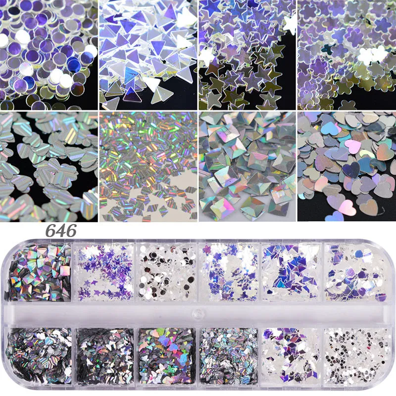 Nail polish glitter set with shell powder, laser sequins, chameleon powder, and star effect powder for nail art manicure