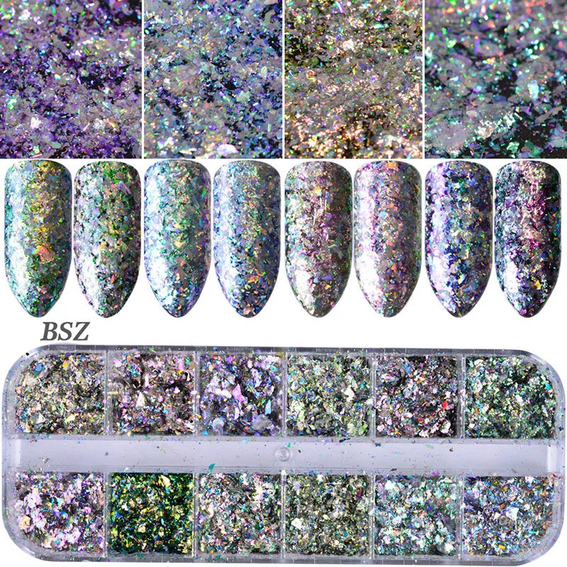 Nail polish glitter set with shell powder, laser sequins, chameleon powder, and star effect powder for nail art manicure