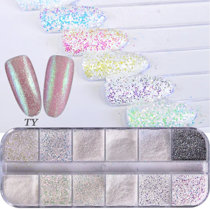 Nail polish glitter set with shell powder, laser sequins, chameleon powder, and star effect powder for nail art manicure