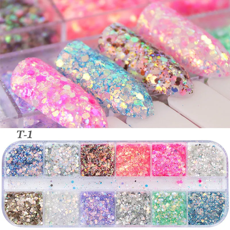 Nail polish glitter set with shell powder, laser sequins, chameleon powder, and star effect powder for nail art manicure