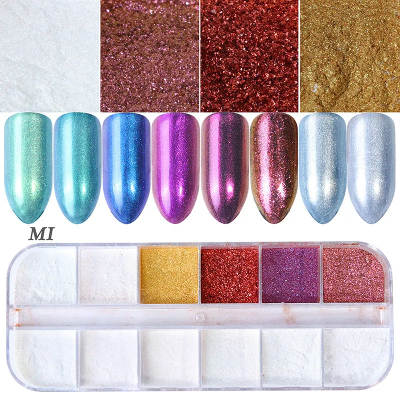 Nail polish glitter set with shell powder, laser sequins, chameleon powder, and star effect powder for nail art manicure