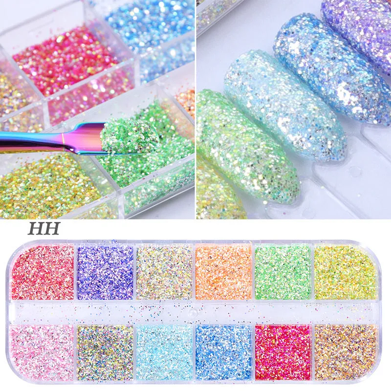 Nail polish glitter set with shell powder, laser sequins, chameleon powder, and star effect powder for nail art manicure