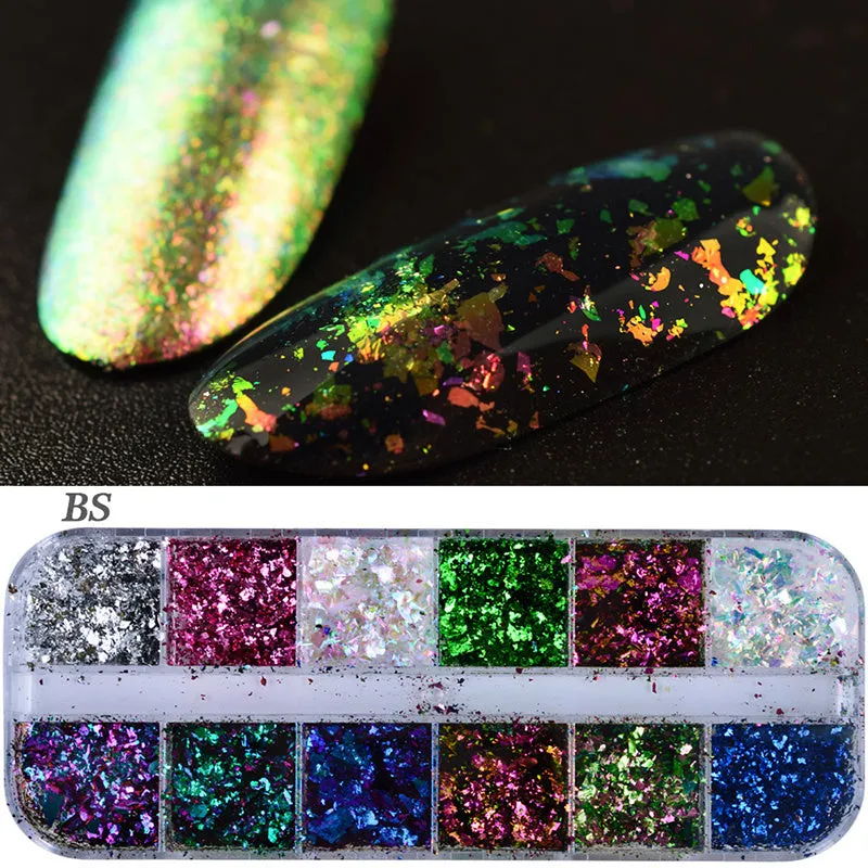 Nail polish glitter set with shell powder, laser sequins, chameleon powder, and star effect powder for nail art manicure