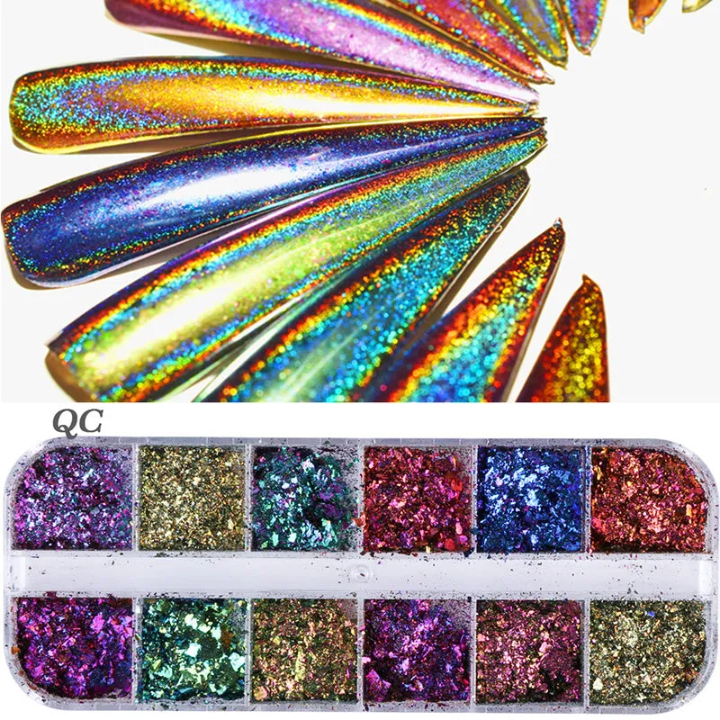 Nail polish glitter set with shell powder, laser sequins, chameleon powder, and star effect powder for nail art manicure