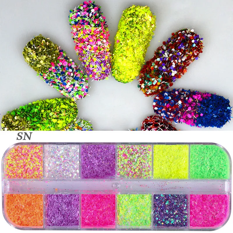 Nail polish glitter set with shell powder, laser sequins, chameleon powder, and star effect powder for nail art manicure
