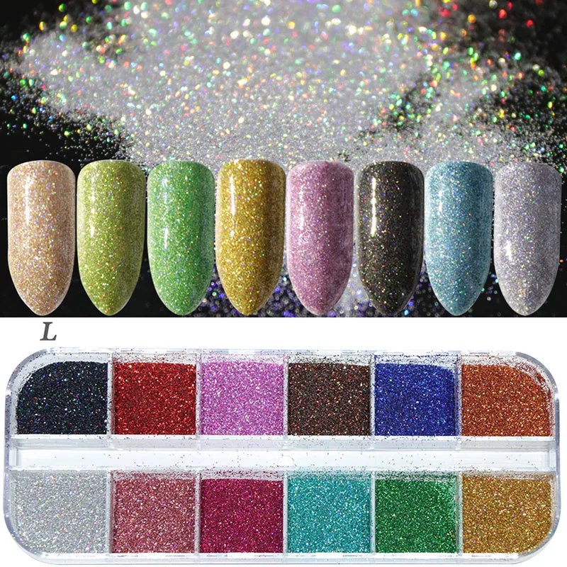 Nail polish glitter set with shell powder, laser sequins, chameleon powder, and star effect powder for nail art manicure