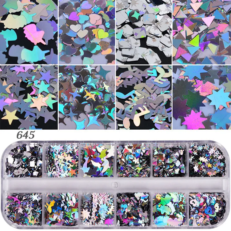 Nail polish glitter set with shell powder, laser sequins, chameleon powder, and star effect powder for nail art manicure