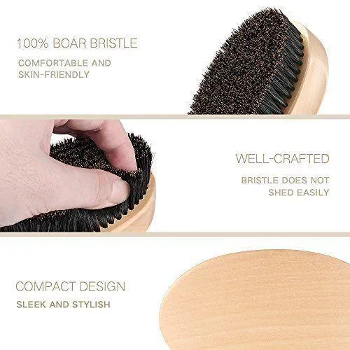 Natural boar beard brush for men in black finish with dense bristles on a table
