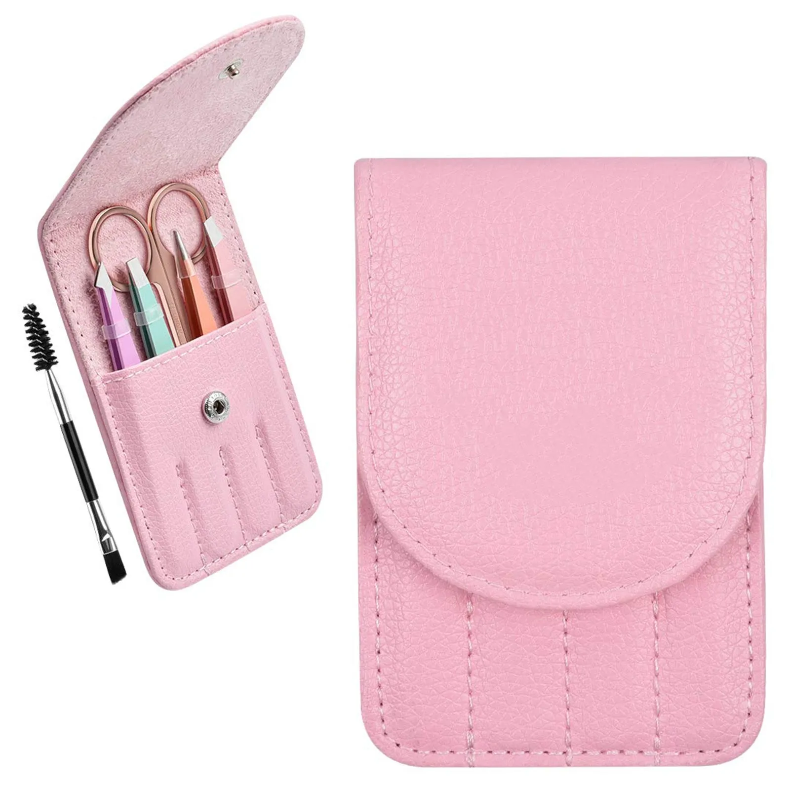 Professional stainless steel eyebrow tweezers six-piece set with curved scissors and leather case