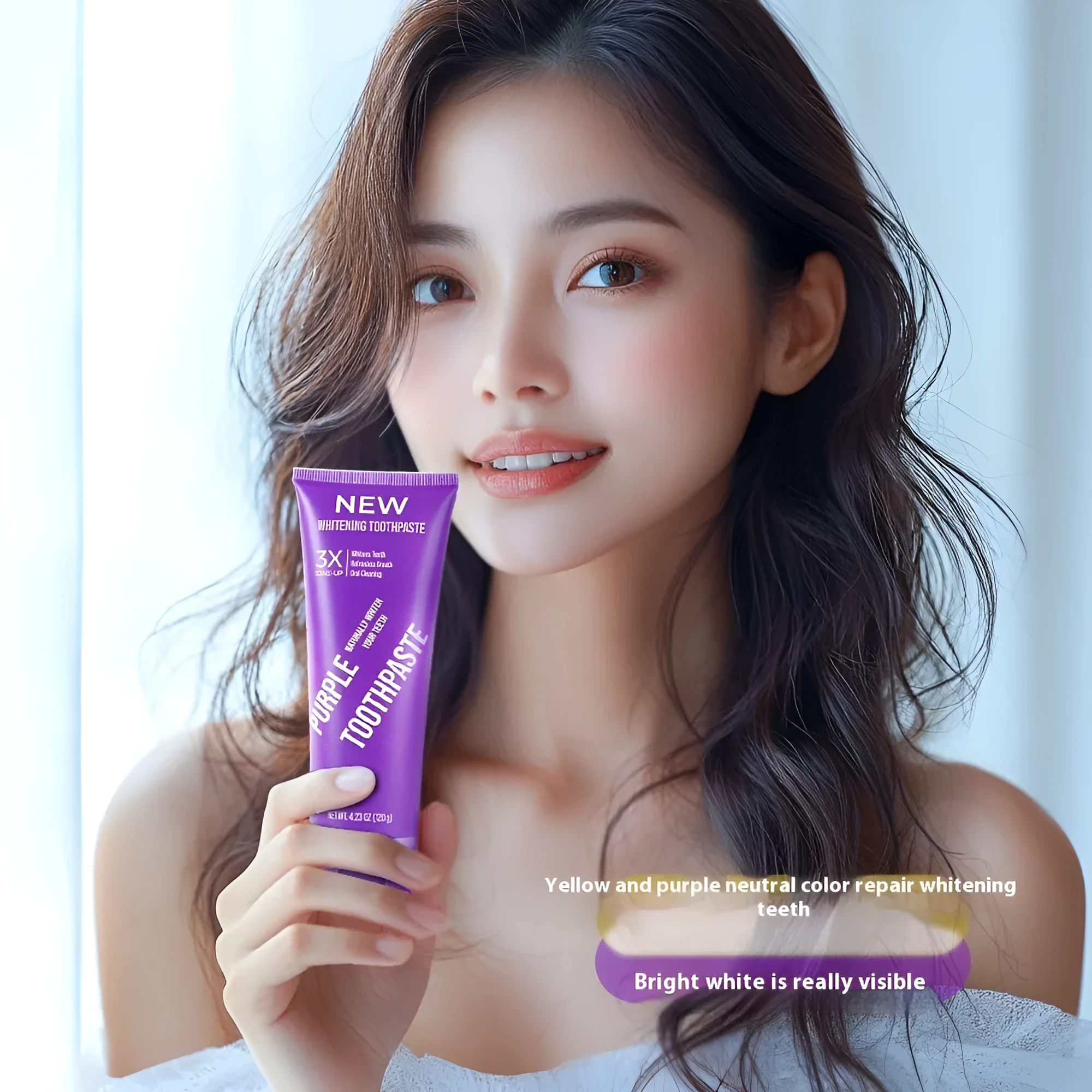 Purple whitening toothpaste tube for adults in 120g and 65g sizes for yellow stain removal
