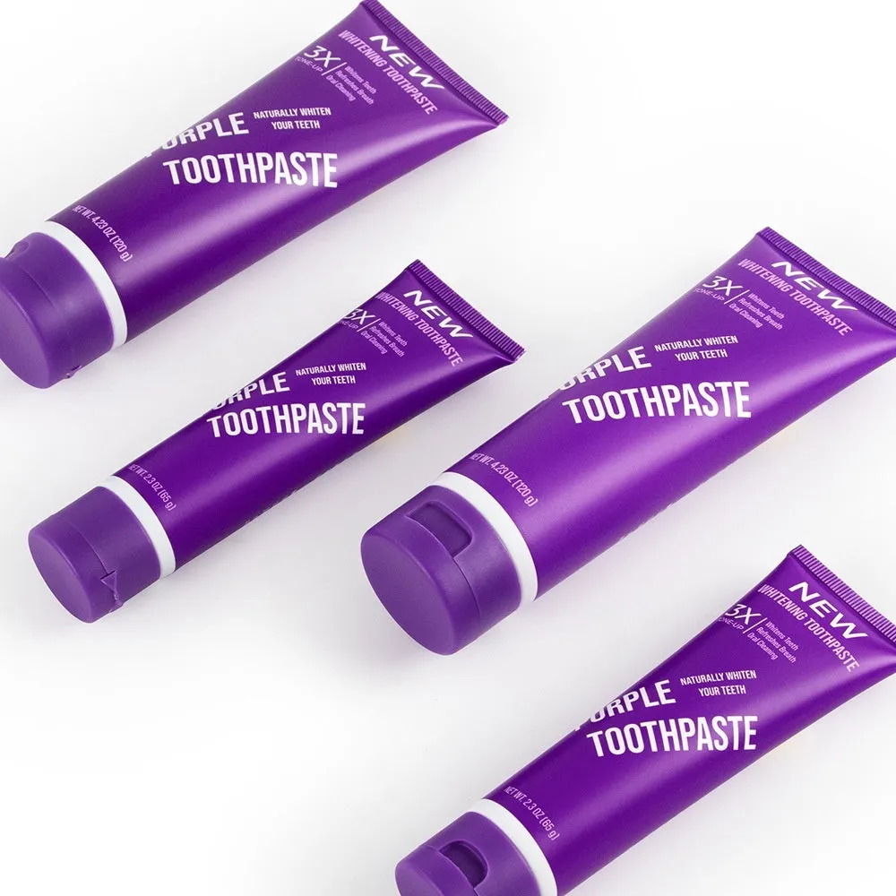 Purple whitening toothpaste tube for adults in 120g and 65g sizes for yellow stain removal