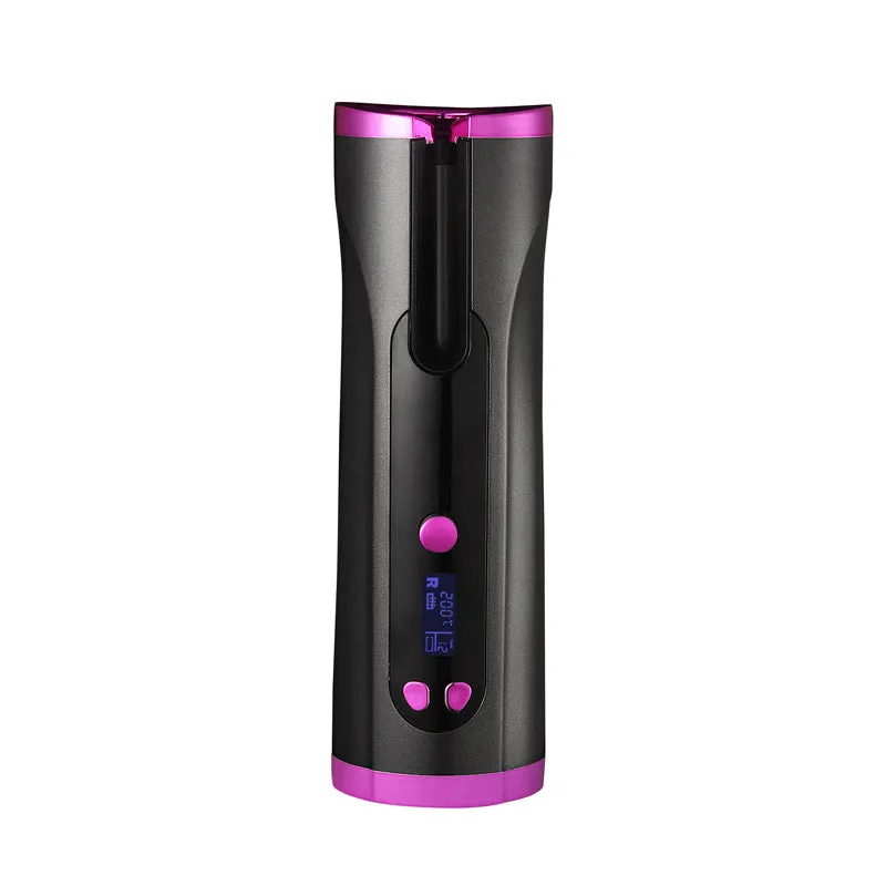 Fully automatic USB cordless curling iron in pink with 3 temperature settings, compact 190x60x50mm