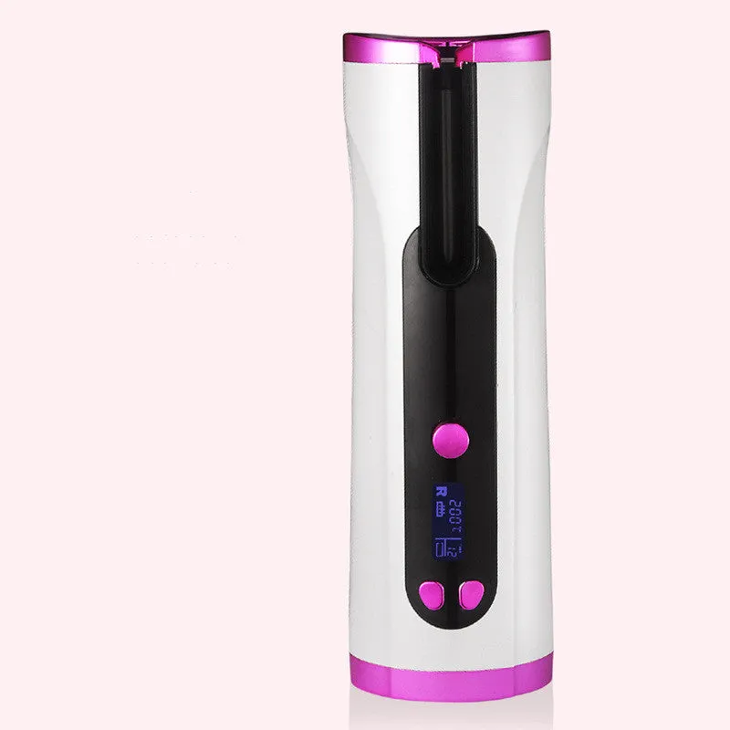 Fully automatic USB cordless curling iron in pink with 3 temperature settings, compact 190x60x50mm