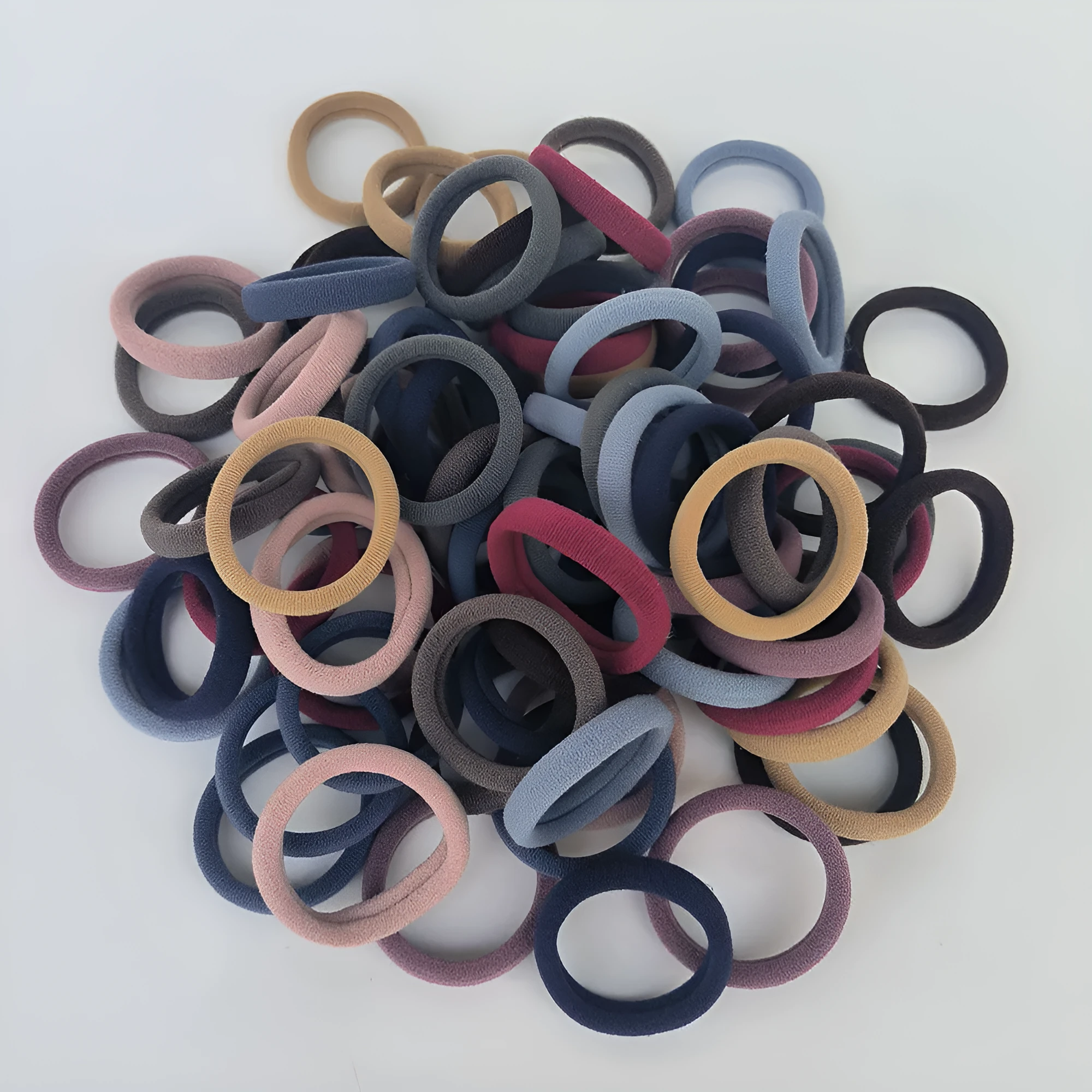 Fabric knitted towel ring 4cm diameter natural style in Korean colour mix on a light background