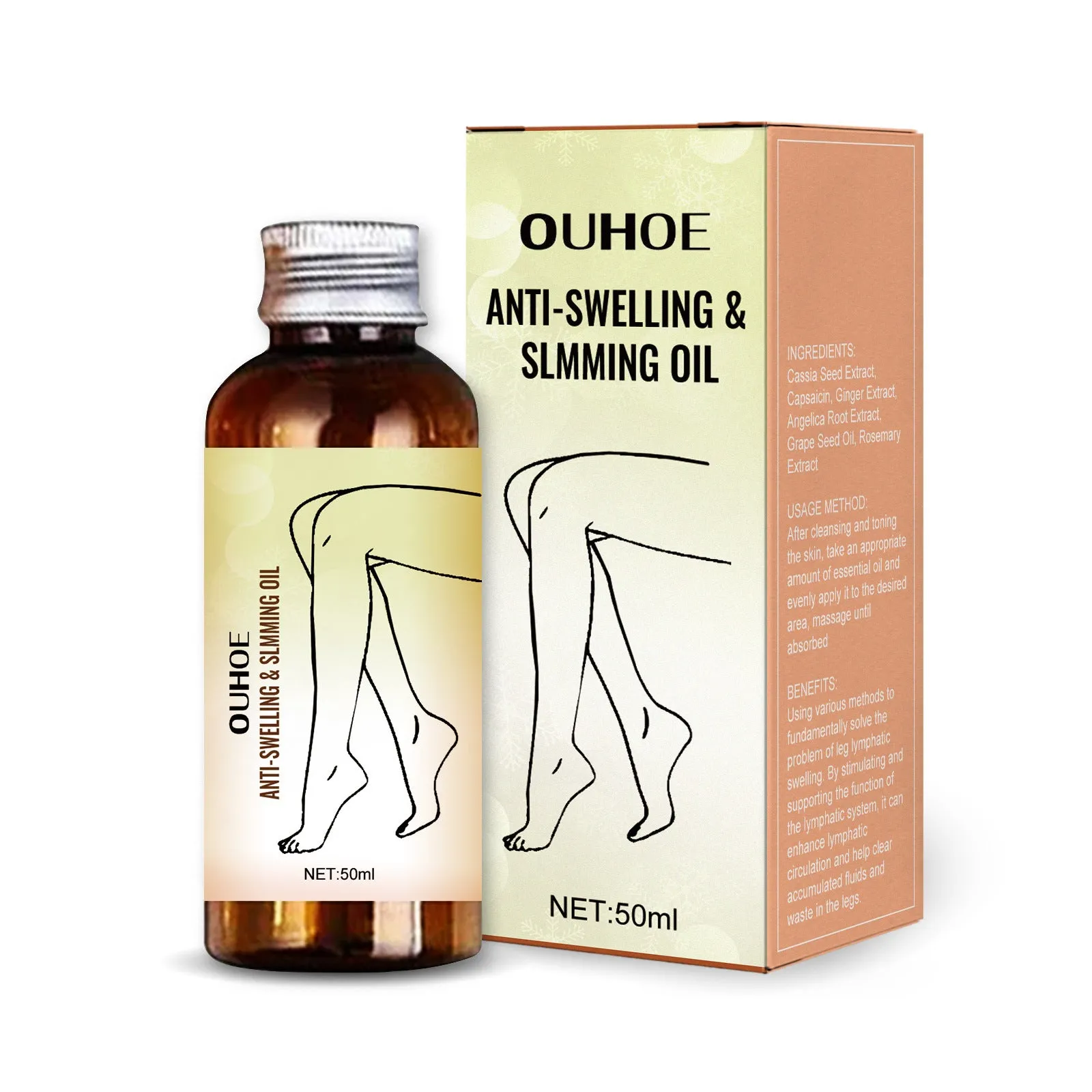 50ml bottle of leg massage essential oil with six botanical extracts for moisturizing body care
