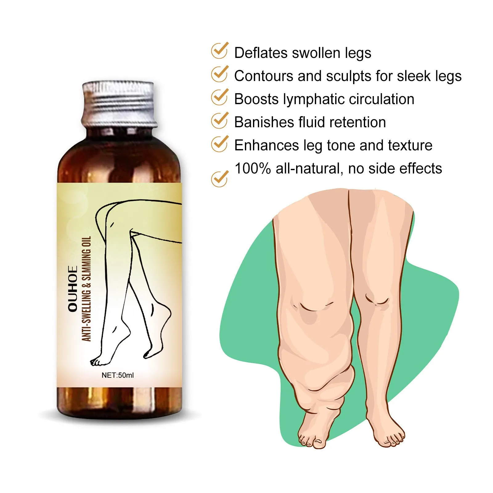 50ml bottle of leg massage essential oil with six botanical extracts for moisturizing body care