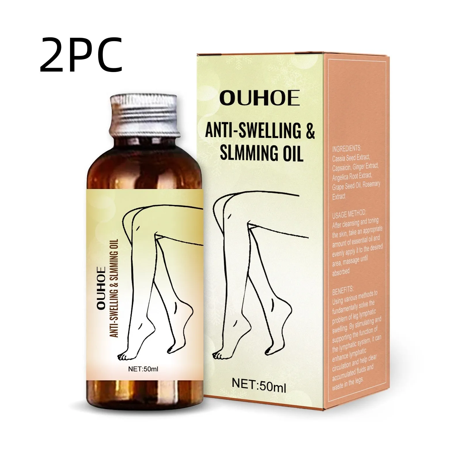 50ml bottle of leg massage essential oil with six botanical extracts for moisturizing body care