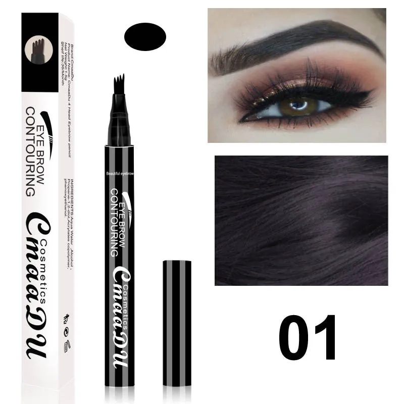 CmaaDu 4-Head Eyebrow Pencil in three shades black brown grey with four-point tip for precise brow application