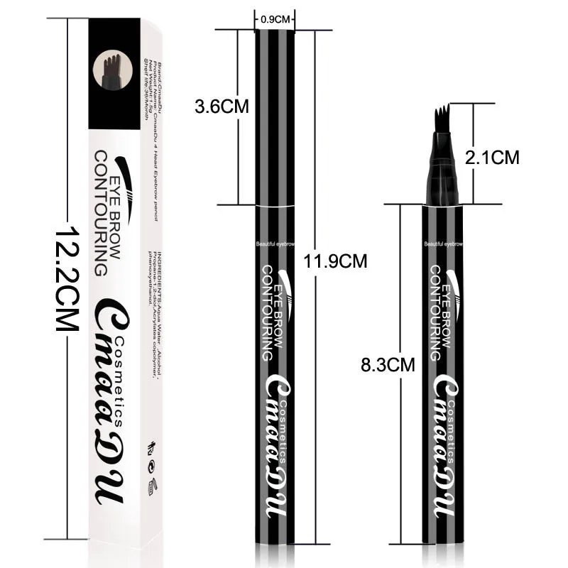 CmaaDu 4-Head Eyebrow Pencil in three shades black brown grey with four-point tip for precise brow application