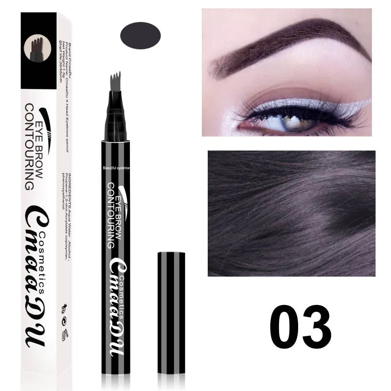 CmaaDu 4-Head Eyebrow Pencil in three shades black brown grey with four-point tip for precise brow application