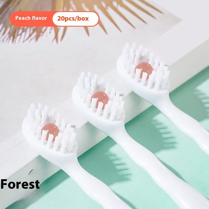 Box of disposable bead toothbrushes in mint, peach, plum green tea, and mixed flavours.