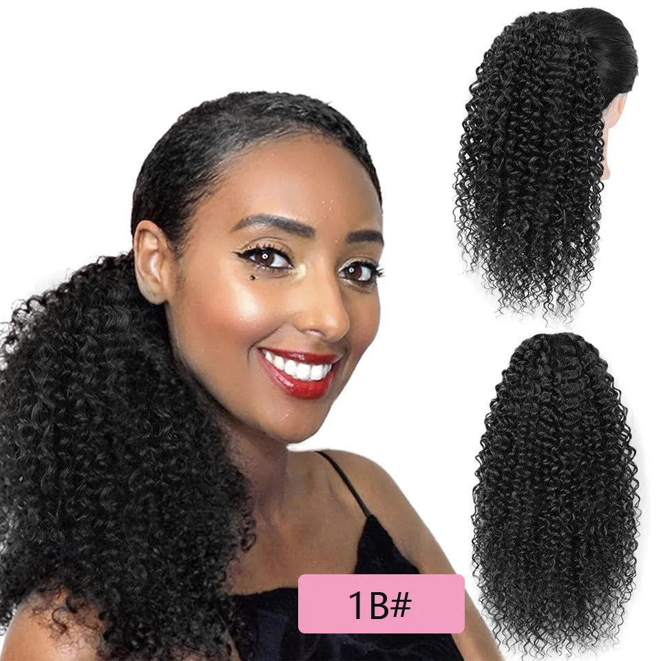 Drawstring puffy ponytail afro curls wig in medium length for ladies, style simple, colour #1B