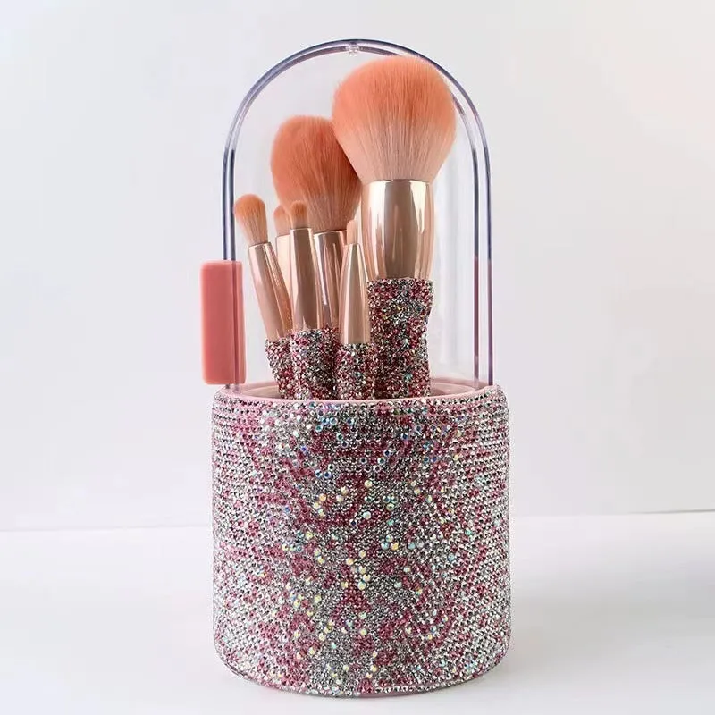 Light luxury diamond-embedded makeup brush set with 8 brushes and storage bucket in white and pink