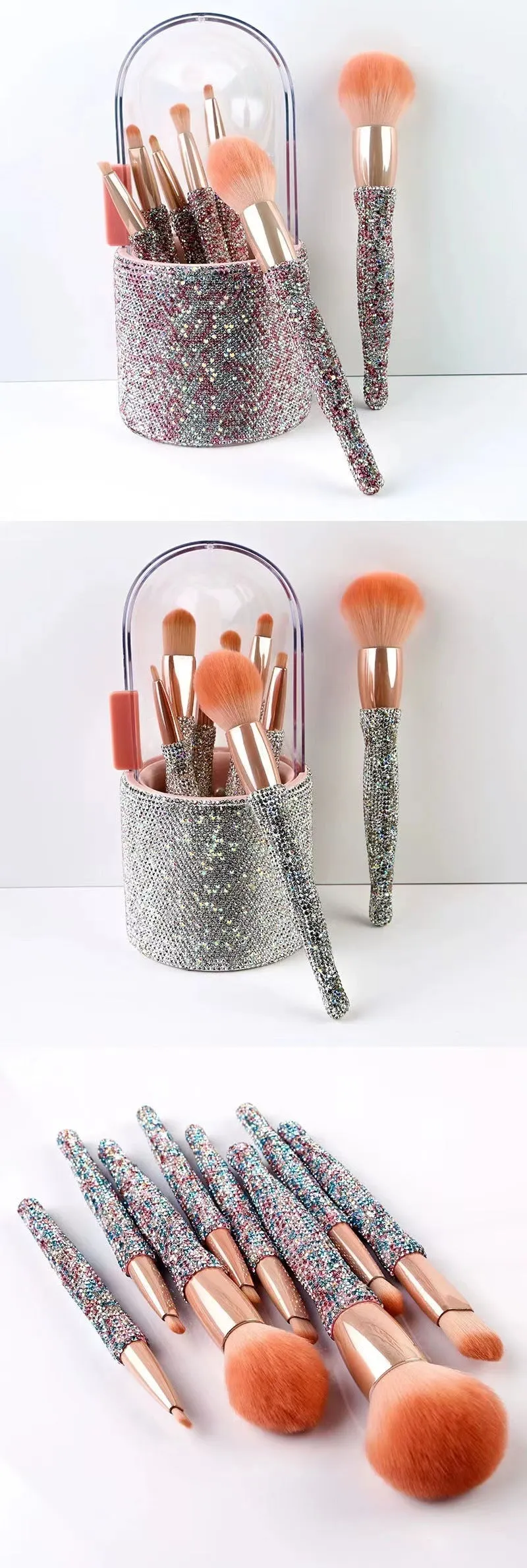 Light luxury diamond-embedded makeup brush set with 8 brushes and storage bucket in white and pink
