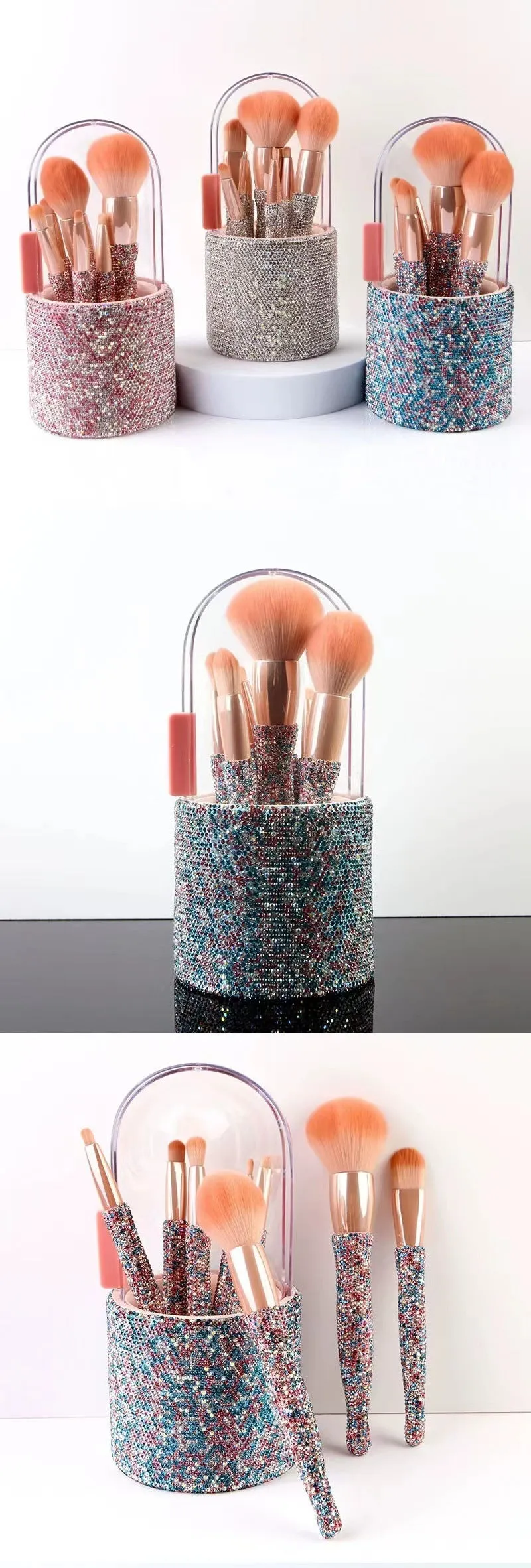 Light luxury diamond-embedded makeup brush set with 8 brushes and storage bucket in white and pink