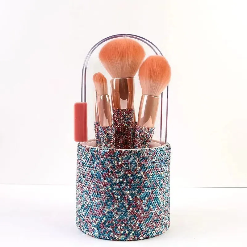 Light luxury diamond-embedded makeup brush set with 8 brushes and storage bucket in white and pink