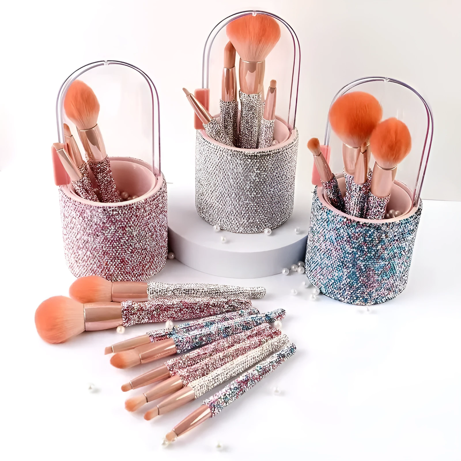 Light luxury diamond-embedded makeup brush set with 8 brushes and storage bucket in white and pink