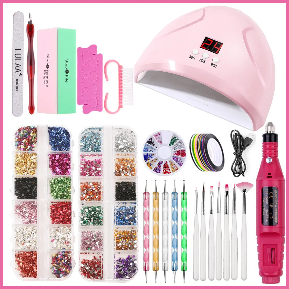 36W smart pink ABS nail lamp with drill tool set includes 100 pieces for all nail polish types