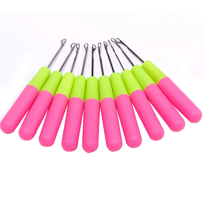 Crochet needle with yellow pink plastic handle and metal hook for dreadlock weaving
