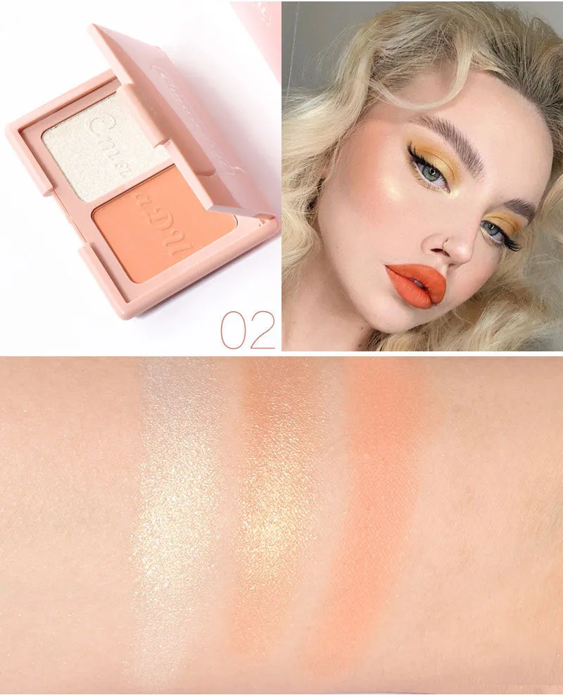 Two-tone blush highlighter and contouring palette 90x70mm with three colour combinations: warm grey shadow, warm orange blush, peach apricot pink blush