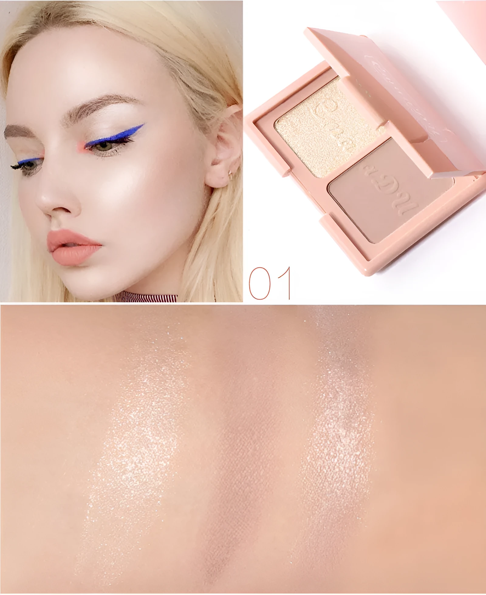 Two-tone blush highlighter and contouring palette 90x70mm with three colour combinations: warm grey shadow, warm orange blush, peach apricot pink blush
