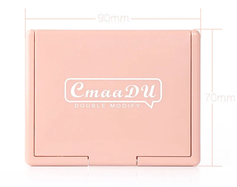 Two-tone blush highlighter and contouring palette 90x70mm with three colour combinations: warm grey shadow, warm orange blush, peach apricot pink blush