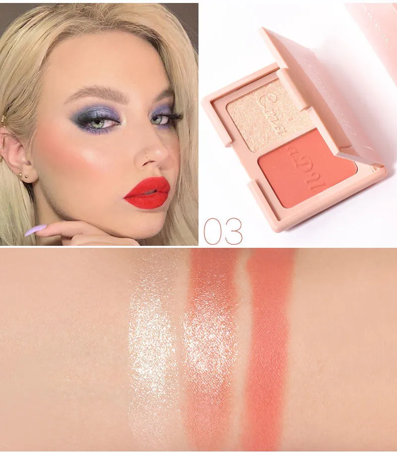 Two-tone blush highlighter and contouring palette 90x70mm with three colour combinations: warm grey shadow, warm orange blush, peach apricot pink blush