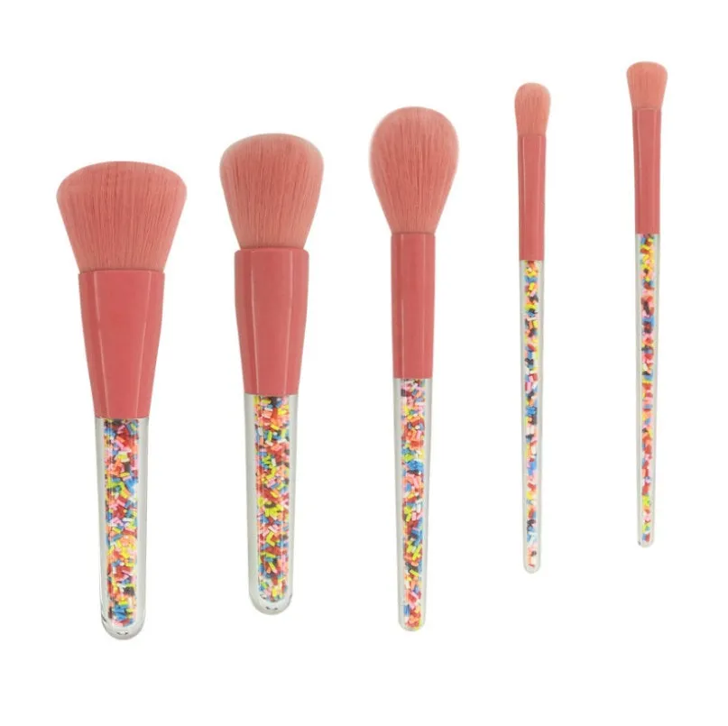 5 candy makeup brushes with colourful acrylic handles, fibre hair bristles, and aluminium ferrules on a white background
