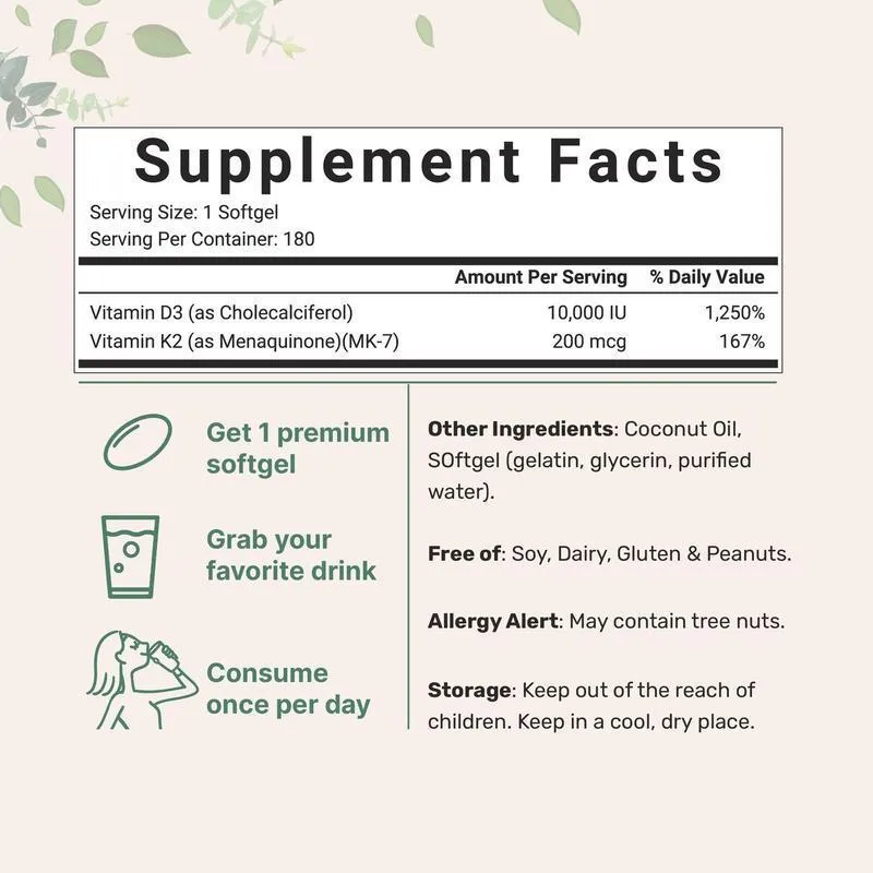 Vitamin D3 K2 softgel capsules 180 tablets supplement pack for bone health support