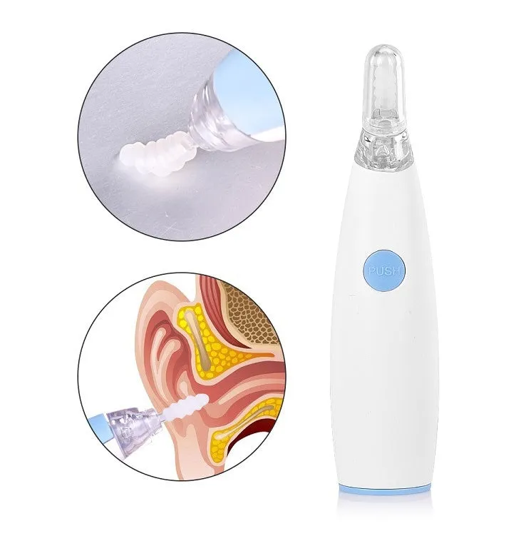 Rotating earwax vacuum cleaner with spiral silicone head, LED light, blue and pink colour options
