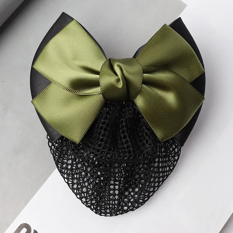 Professional hair clip ornament with a bow and net design on a hair net bag.