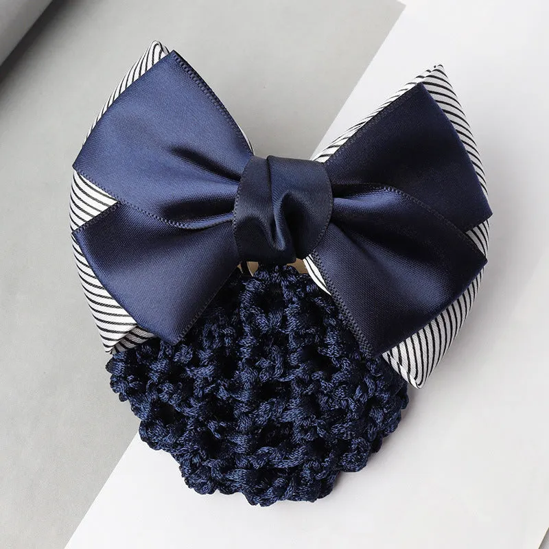 Professional hair clip ornament with a bow and net design on a hair net bag.