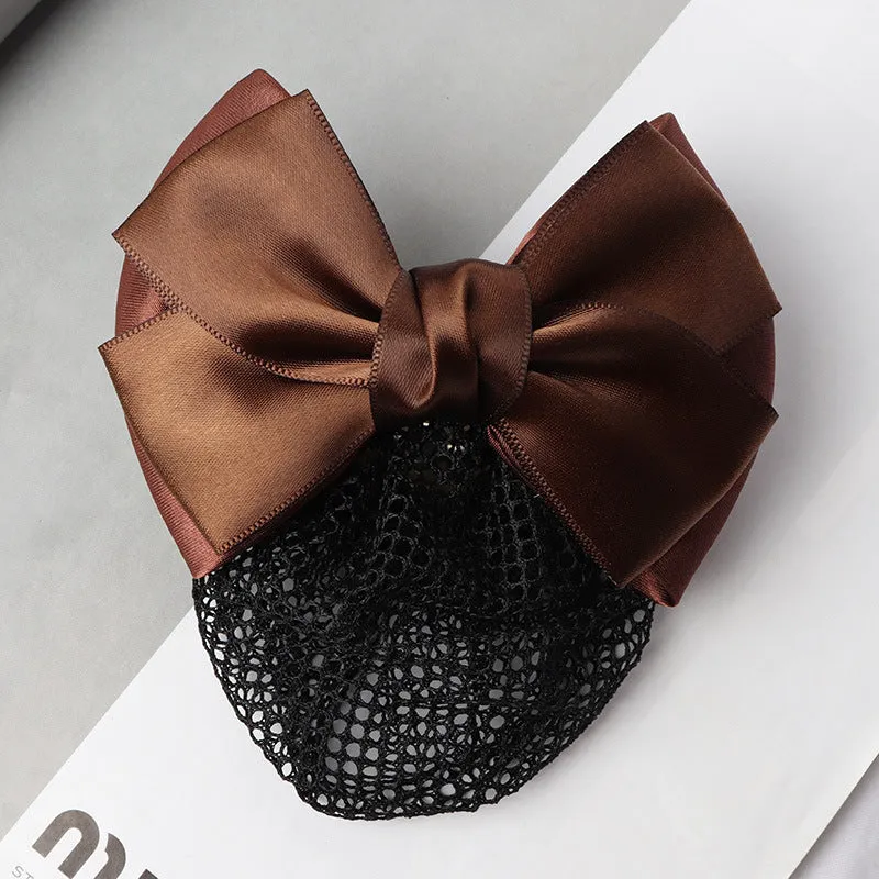 Professional hair clip ornament with a bow and net design on a hair net bag.