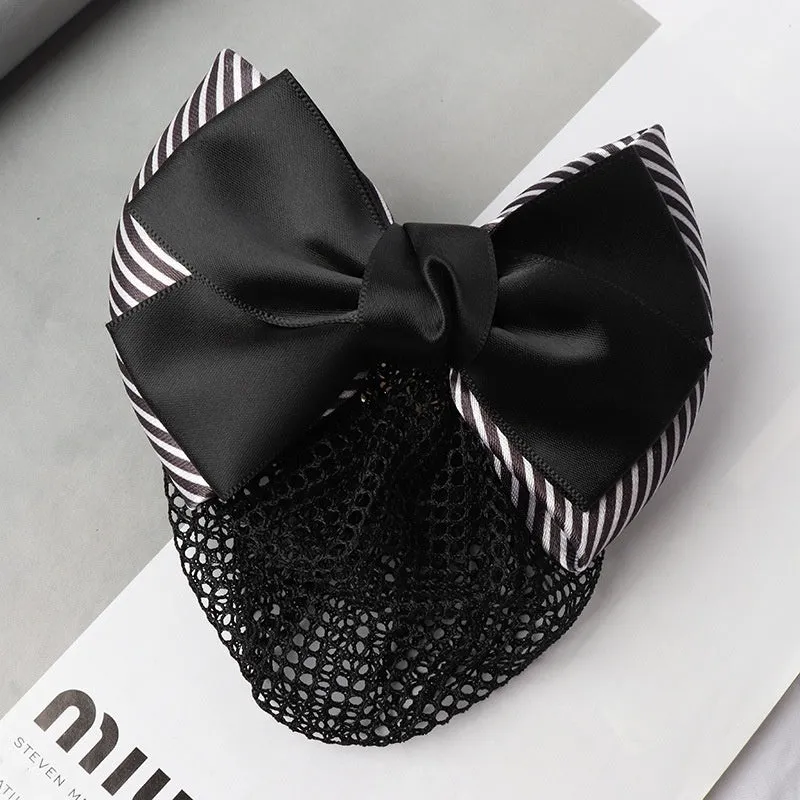 Professional hair clip ornament with a bow and net design on a hair net bag.