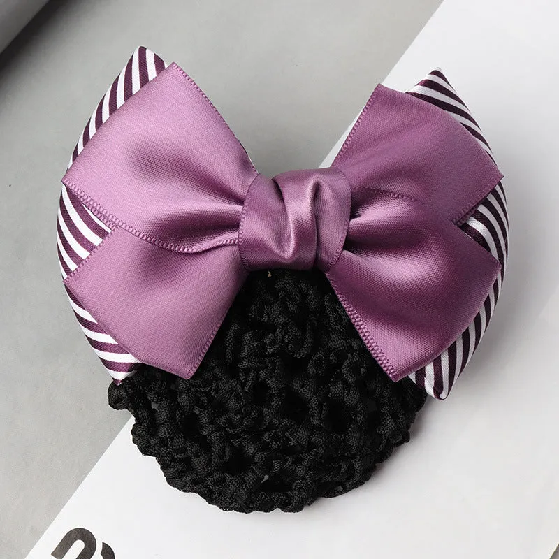 Professional hair clip ornament with a bow and net design on a hair net bag.