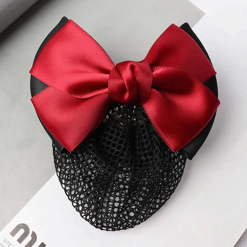 Professional hair clip ornament with a bow and net design on a hair net bag.