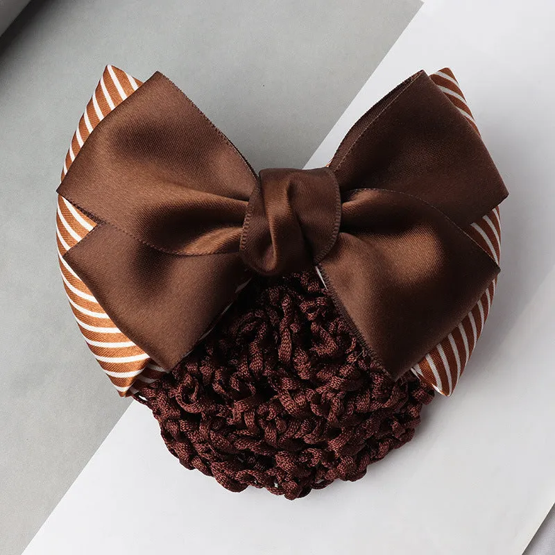 Professional hair clip ornament with a bow and net design on a hair net bag.