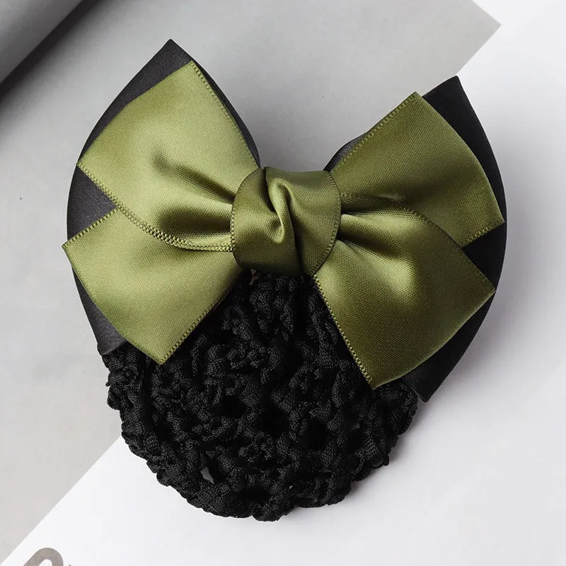 Professional hair clip ornament with a bow and net design on a hair net bag.